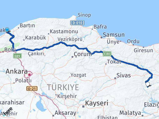 Zonguldak İliç Erzincan Arası Kaç Km - Yol Haritası
