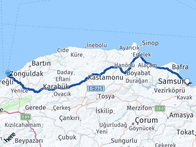 Zonguldak İlkadım Samsun Arası Kaç Km - Yol Haritası