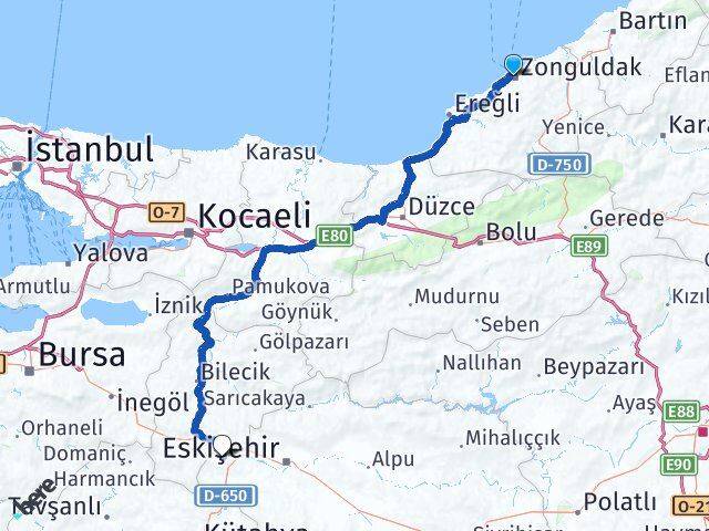 Zonguldak İnönü Eskişehir Arası Kaç Km - Yol Haritası
