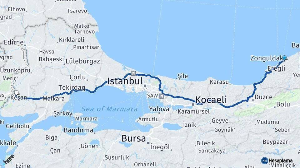 Zonguldak İpsala Edirne Arası Kaç Km - Yol Haritası