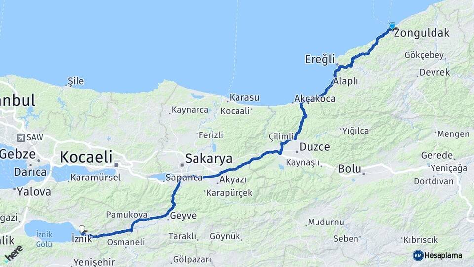 Zonguldak İznik Bursa Arası Kaç Km - Yol Haritası