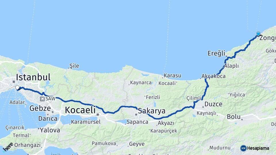 Zonguldak Kadıköy İstanbul Arası Kaç Km - Yol Haritası