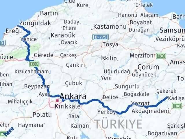 Zonguldak Kadışehri Yozgat Arası Kaç Km - Yol Haritası