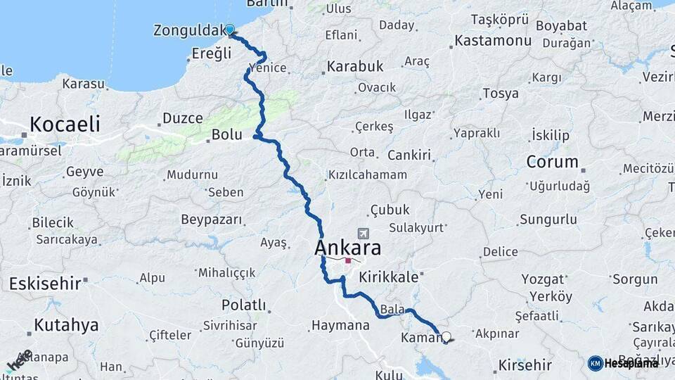 Zonguldak Kaman Kırşehir Arası Kaç Km - Yol Haritası