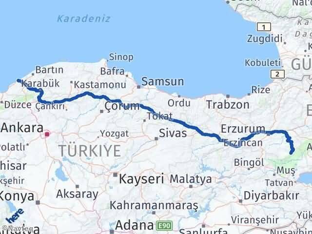 Zonguldak Karaçoban Erzurum Arası Kaç Km - Yol Haritası