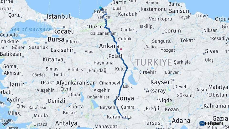 Zonguldak Karaman Arası Kaç Km - Yol Haritası