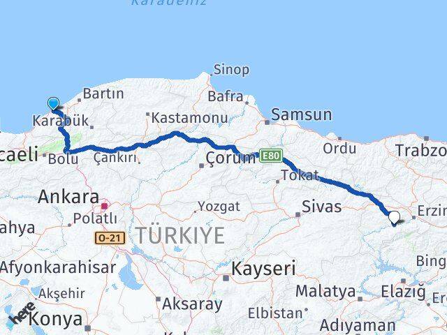 Zonguldak Kemah Erzincan Arası Kaç Km - Yol Haritası