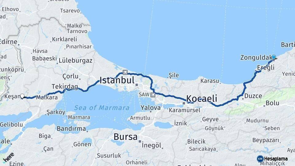 Zonguldak Keşan Edirne Arası Kaç Km - Yol Haritası