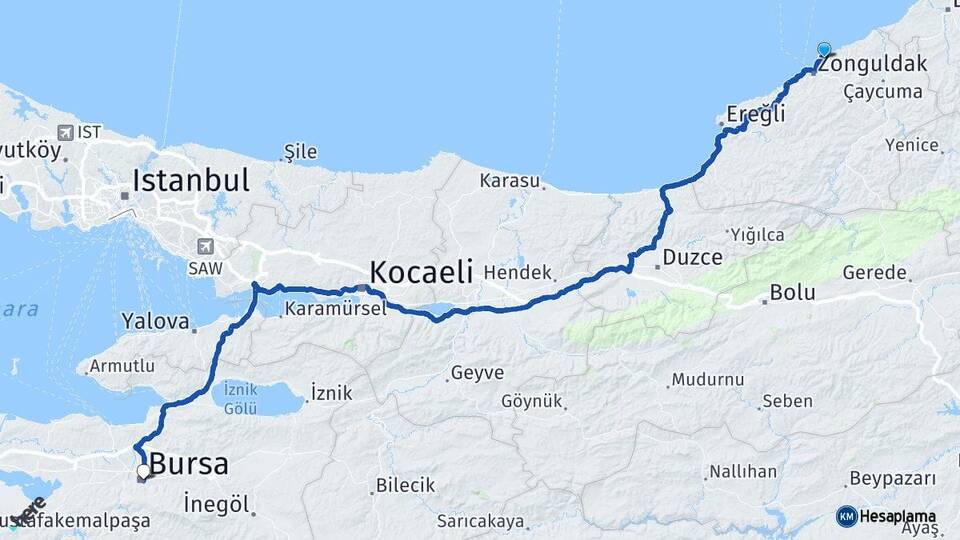 Zonguldak Kilimli Bursa Arası Kaç Km - Yol Haritası