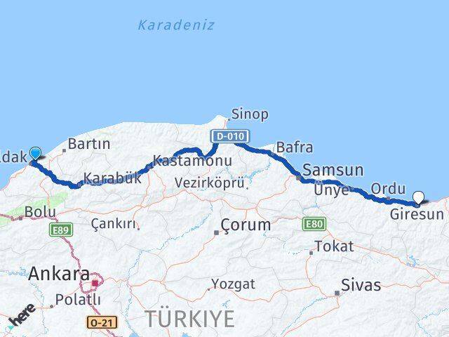 Zonguldak Kilimli Giresun Arası Kaç Km - Yol Haritası