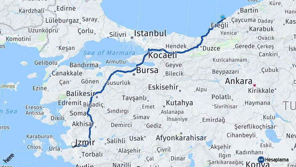 Zonguldak Kilimli İzmir Arası Kaç Km - Yol Haritası