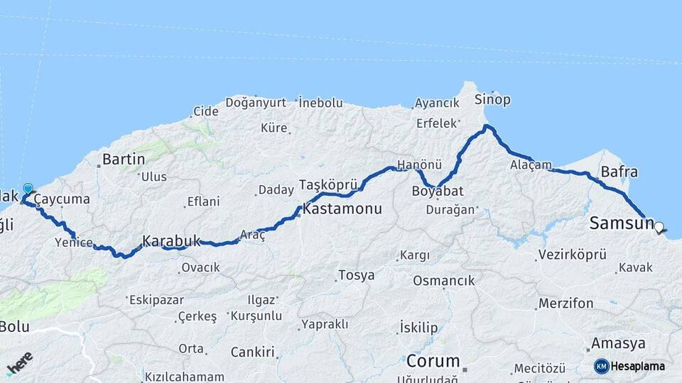 Zonguldak Kilimli Samsun Arası Kaç Km - Yol Haritası