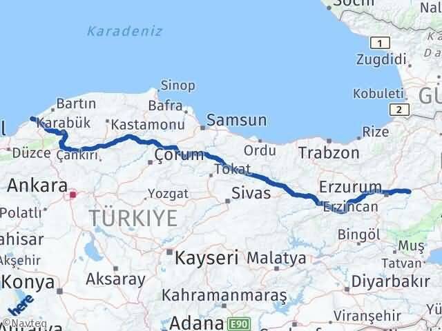 Zonguldak Köprüköy Erzurum Arası Kaç Km - Yol Haritası