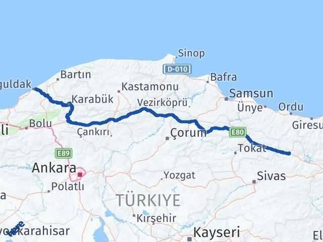 Zonguldak Koyulhisar Sivas Arası Kaç Km - Yol Haritası
