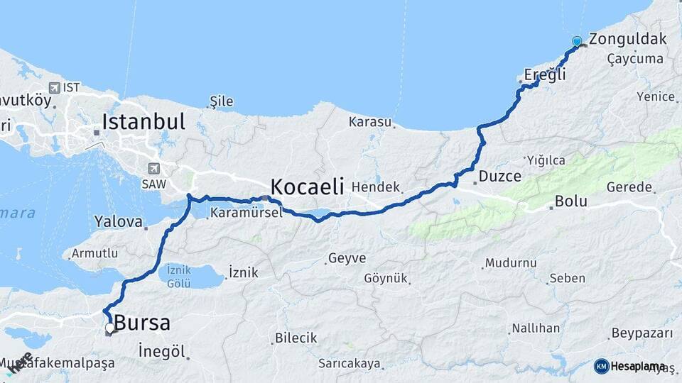 Zonguldak Kozlu Bursa Arası Kaç Km - Yol Haritası