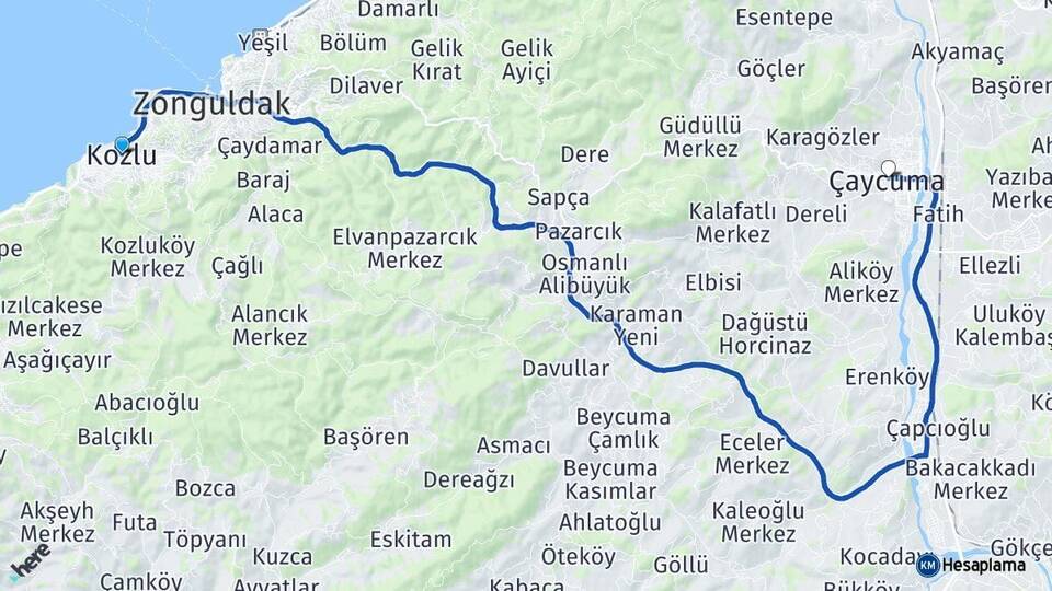 Zonguldak Kozlu Çaycuma Arası Kaç Km - Yol Haritası