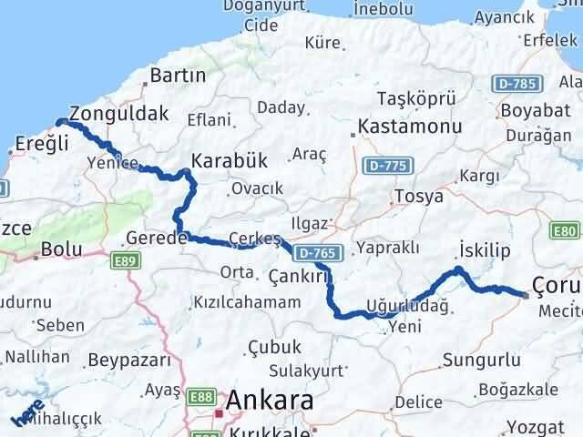 Zonguldak Kozlu Çorum Arası Kaç Km - Yol Haritası