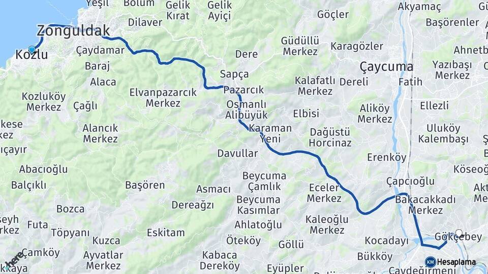 Zonguldak Kozlu Gökçebey Arası Kaç Km - Yol Haritası
