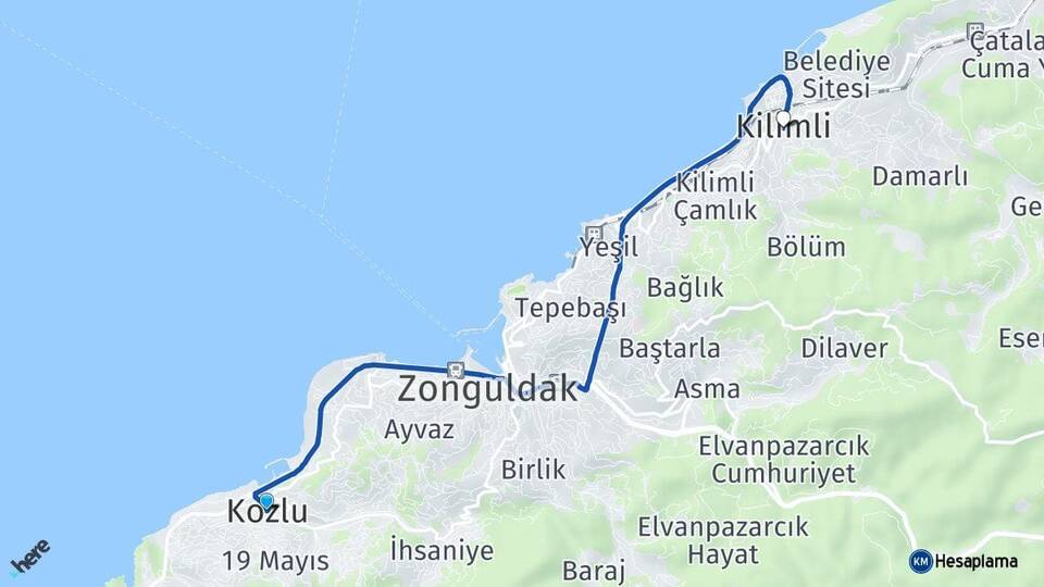 Zonguldak Kozlu Kilimli Arası Kaç Km - Yol Haritası