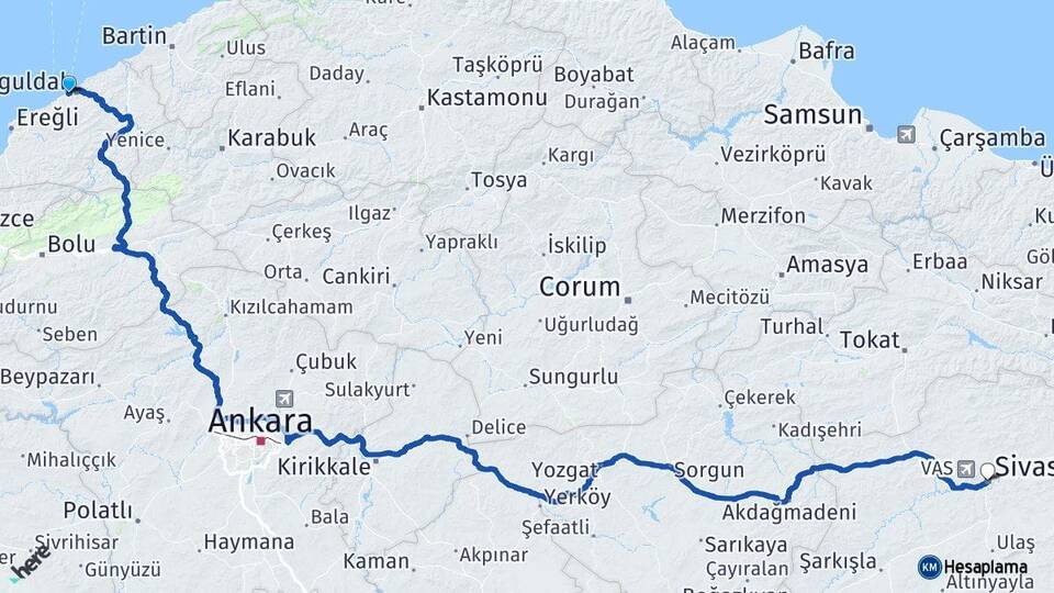Zonguldak Kozlu Sivas Arası Kaç Km - Yol Haritası