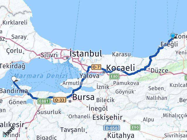 Zonguldak Marmara Balıkesir Arası Kaç Km - Yol Haritası