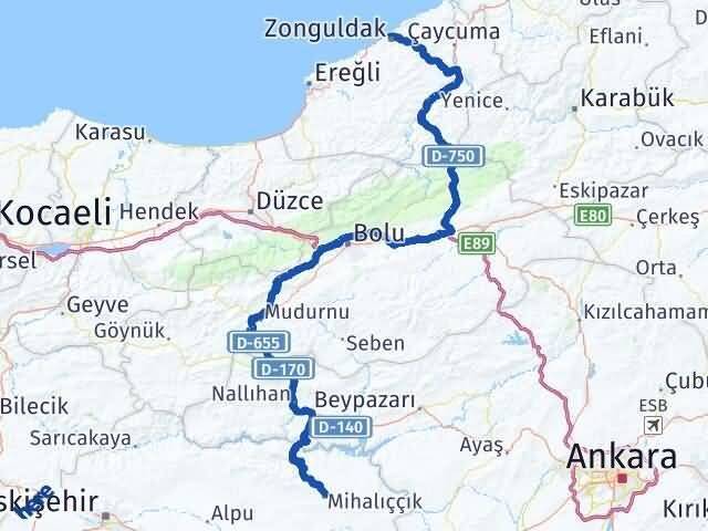 Zonguldak Mihalıççık Eskişehir Arası Kaç Km - Yol Haritası