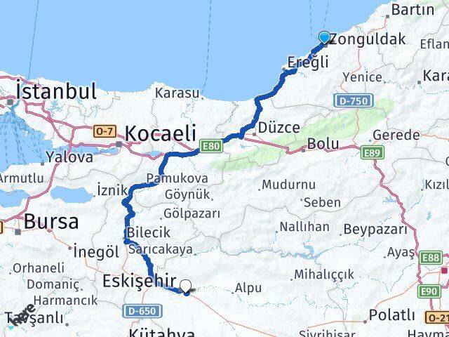 Zonguldak Odunpazarı Eskişehir Arası Kaç Km - Yol Haritası