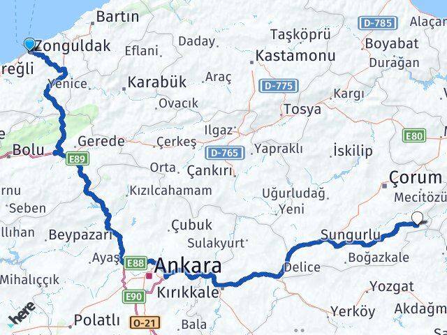 Zonguldak Ortaköy Çorum Arası Kaç Km - Yol Haritası