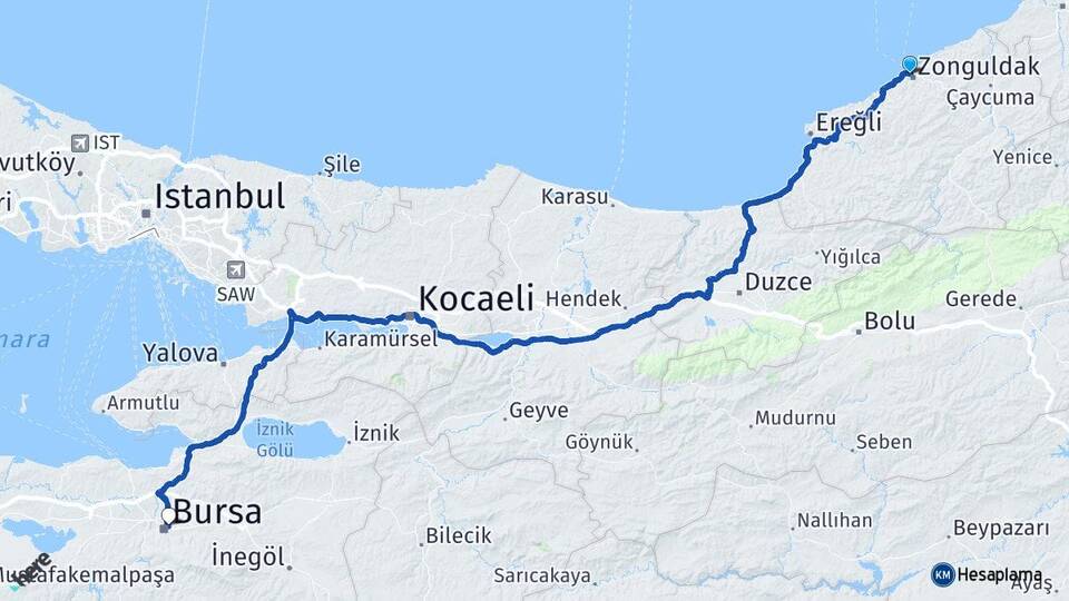 Zonguldak Osmangazi Bursa Arası Kaç Km - Yol Haritası