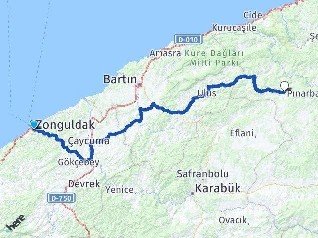 Zonguldak Pınarbaşı Kastamonu Arası Kaç Km - Yol Haritası