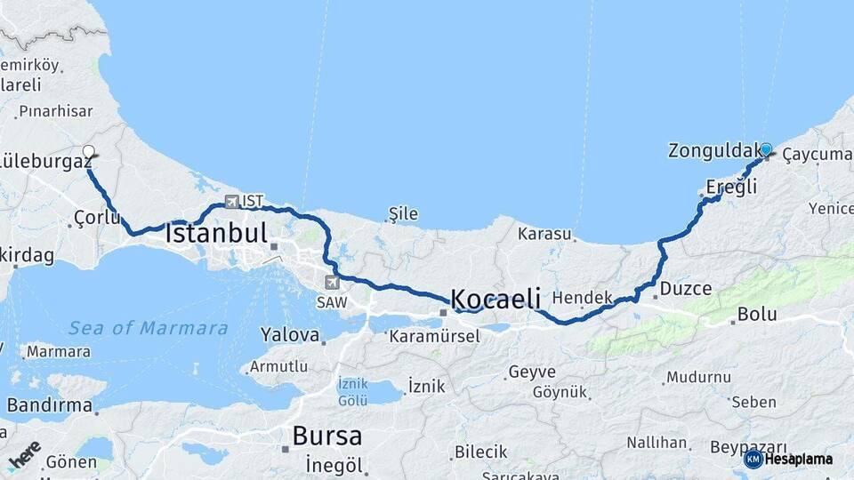 Zonguldak Saray Tekirdağ Arası Kaç Km - Yol Haritası