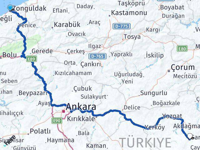 Zonguldak Sarıkaya Yozgat Arası Kaç Km - Yol Haritası