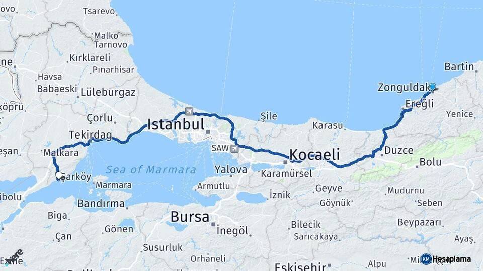 Zonguldak Şarköy Tekirdağ Arası Kaç Km - Yol Haritası
