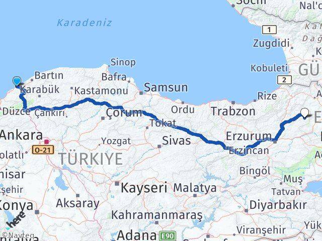Zonguldak Şenkaya Erzurum Arası Kaç Km - Yol Haritası