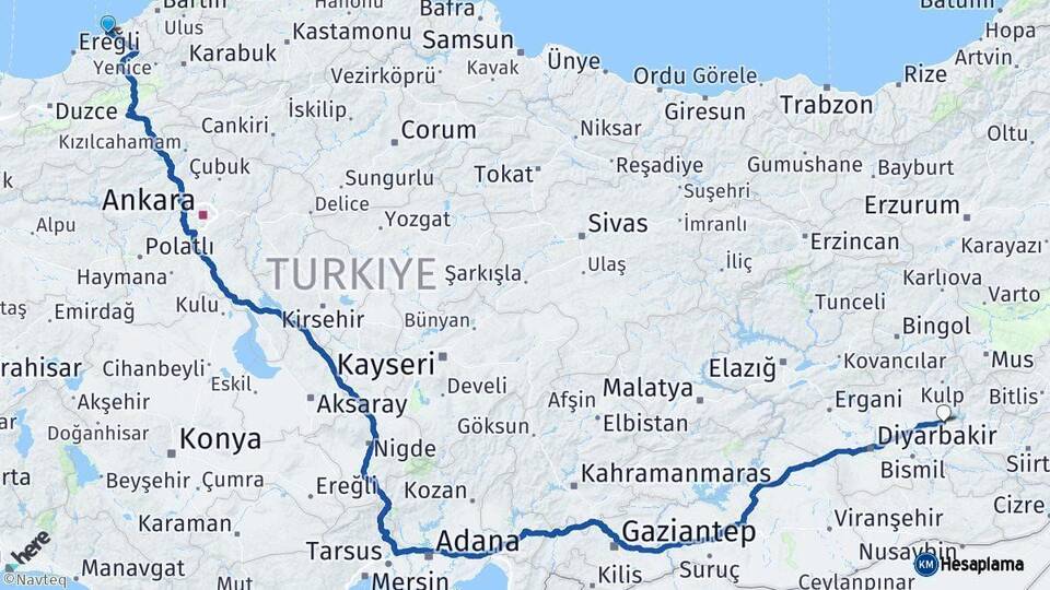 Zonguldak Silvan Diyarbakır Arası Kaç Km - Yol Haritası