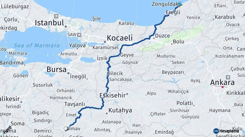 Zonguldak Simav Kütahya Arası Kaç Km - Yol Haritası