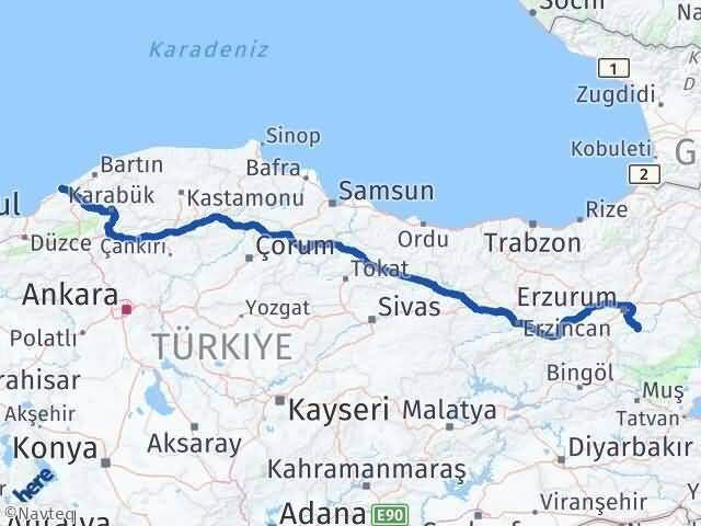 Zonguldak Tekman Erzurum Arası Kaç Km - Yol Haritası