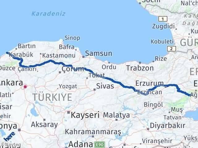 Zonguldak Tutak Ağrı Arası Kaç Km - Yol Haritası