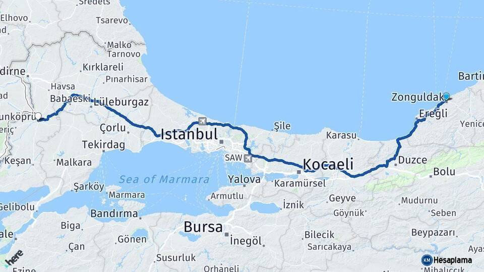 Zonguldak Uzunköprü Edirne Arası Kaç Km - Yol Haritası