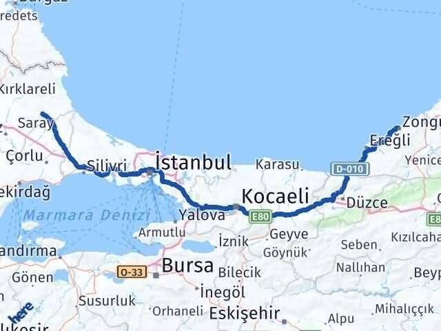 Zonguldak Vize Kırklareli Arası Kaç Km - Yol Haritası