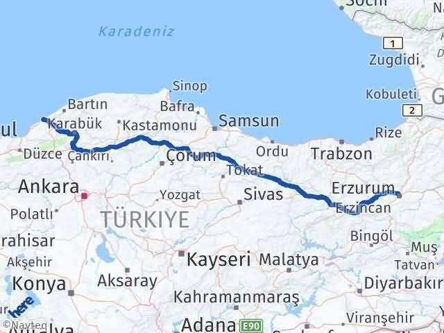 Zonguldak Yakutiye Erzurum Arası Kaç Km - Yol Haritası
