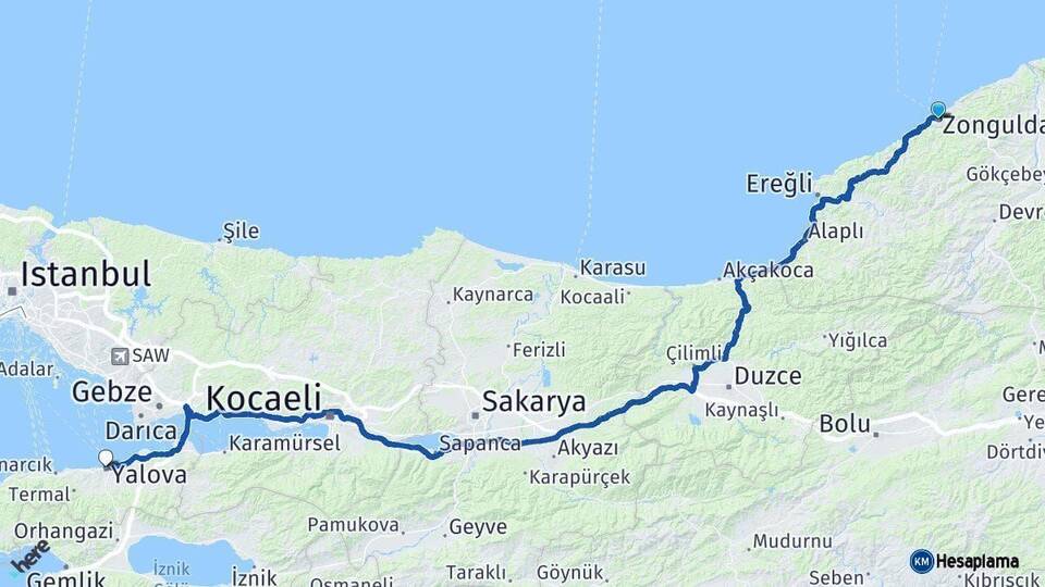 Zonguldak Yalova Arası Kaç Km - Yol Haritası