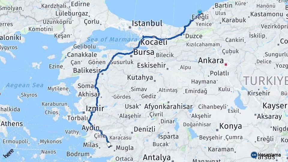 Zonguldak Yatağan Muğla Arası Kaç Km - Yol Haritası