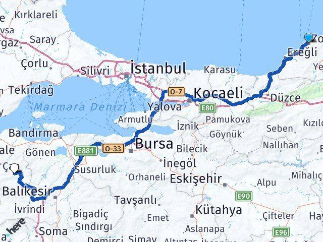 Zonguldak Yenice Çanakkale Arası Kaç Km - Yol Haritası